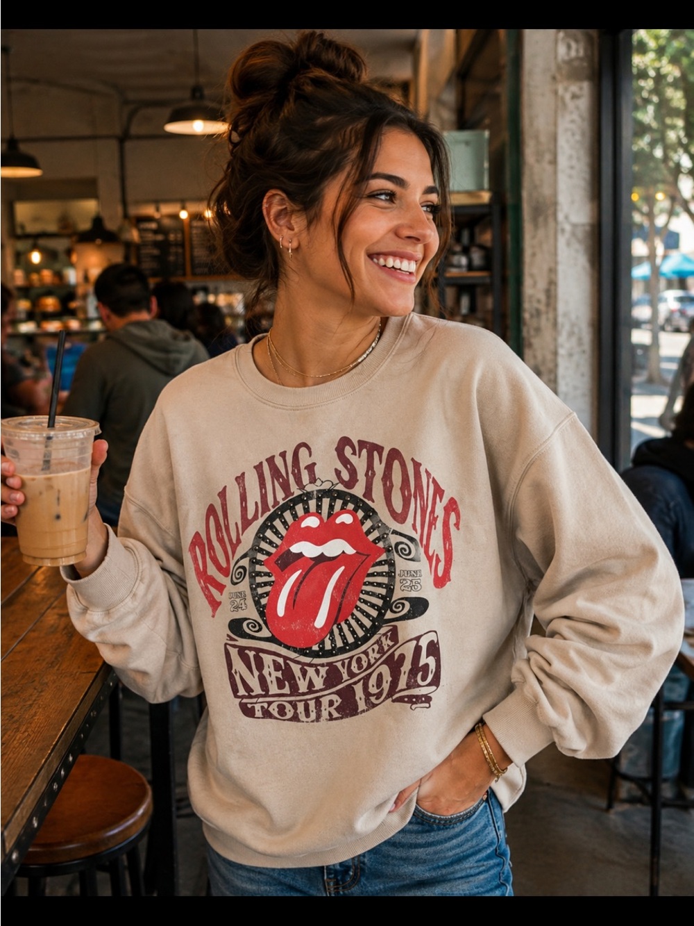 the Rolling Stones NY Tour 1975 Beige Crewneck with Red Tongue Graphic. Size M